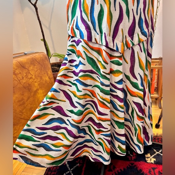 80s/90s True Vintage Rainbow Zebra Print Linen Drop Waist Dress - Picture 6 of 10